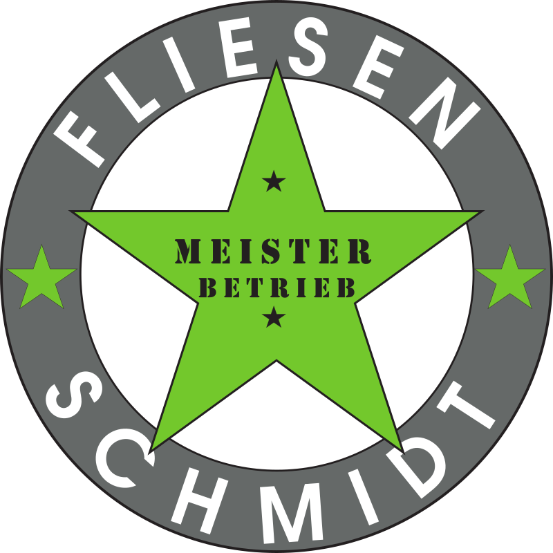 Das Fliesen Schmidt Logo, ein Grüner Stern in einem grauen Kreis. Auf dem Kreis steht in Großbuchstaben: Fliesen Schmidt. Auf dem Stern stehen in Großbuchstaben die Worte: Meister Betrieb.