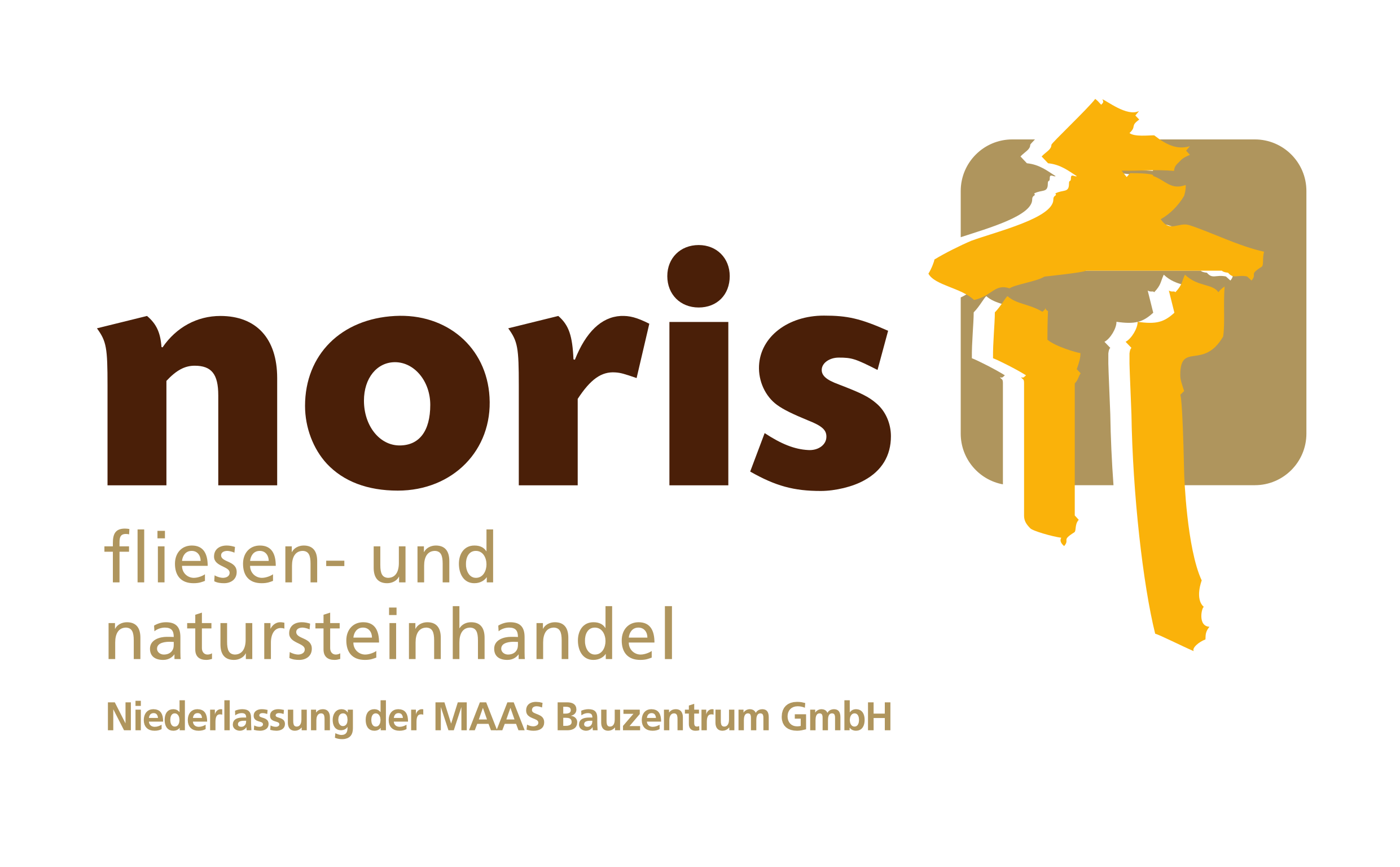 Logo des Betriebs 'Noris Fliesen'. Der Name des Betriebes steht neben einer schematisch angedeuteten, abstrakten Darstellung eines Torii (ein Element der traditionellen japanischen Architektur und als solche reale oder symbolische Eingangstore eines Schreins). Unter den Logo steht: 'Fliesen- und Natursteinhandel. Niederlassung der MAAS Bauzentrum GmBH'